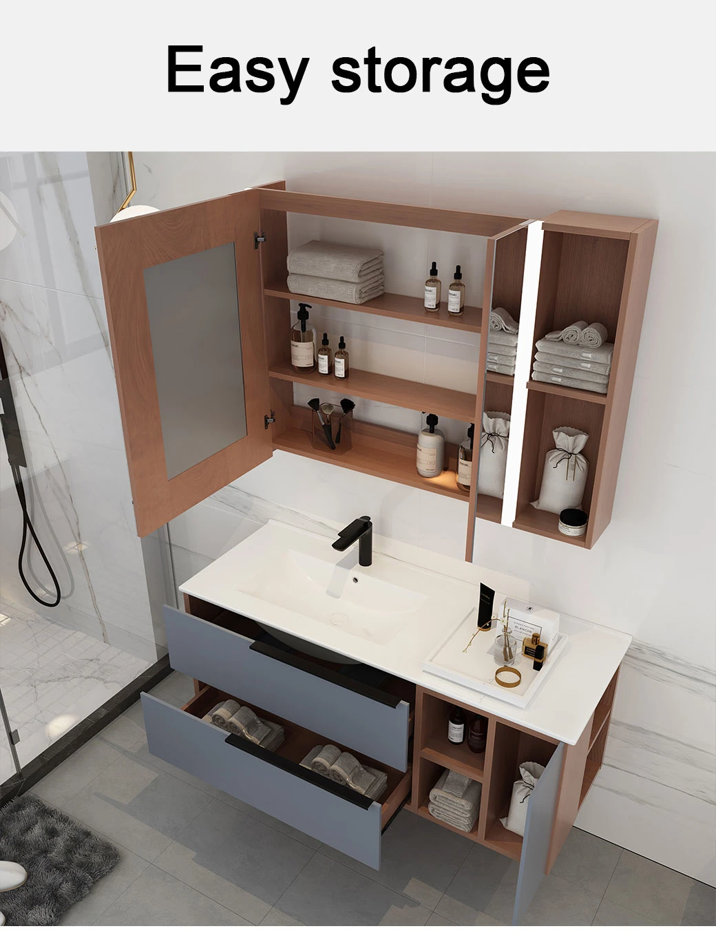 Modern Vanity with Mirror Waterproof Bathroom Cabinet Floor Mounted Washroom Cabinet Luxury Home Furniture